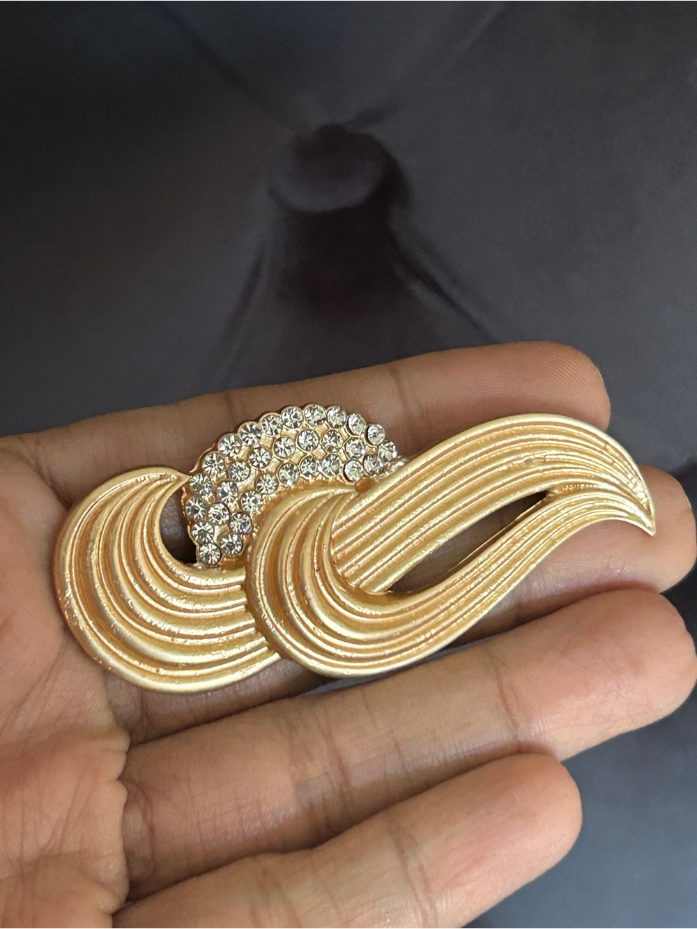 Gold-Tone Wave Crystal Brooch